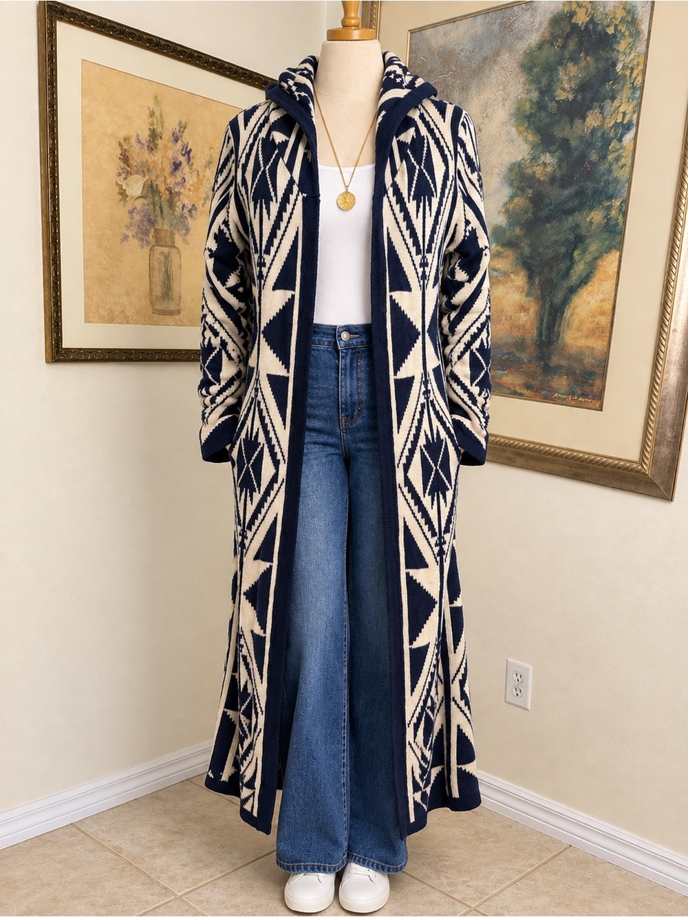 SWEATER -FOREVER 21 Long Hooded Geometric Navy/Cream Duster M/L